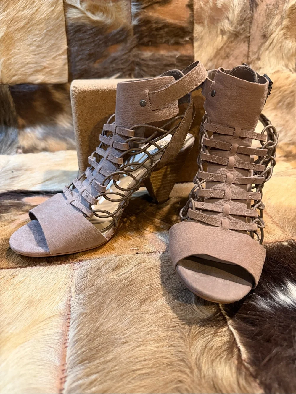 Vince Camuto Taupe Lace-Up Caged Open-Toe Heels